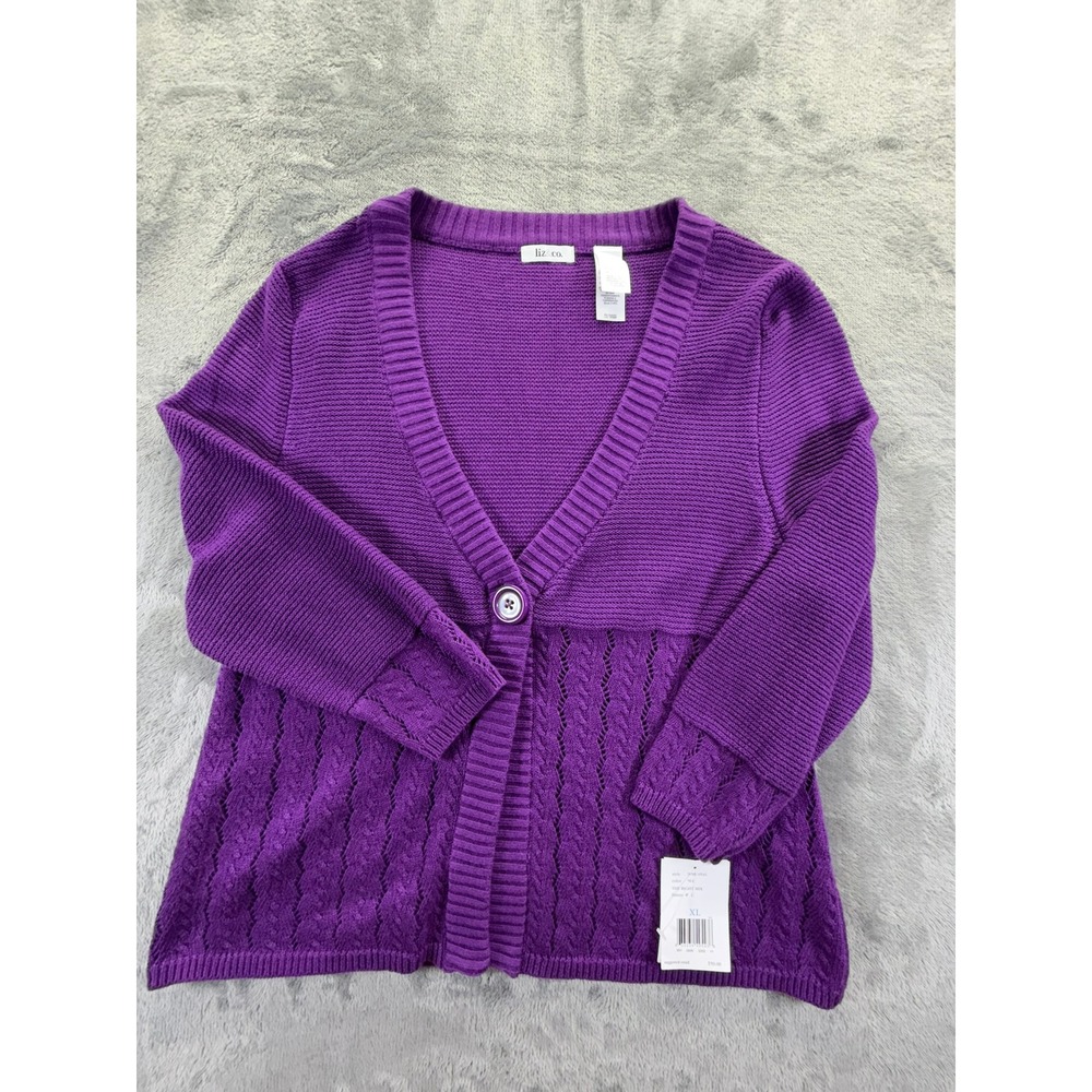 Liz & Co. Purple Mixed Knit Single Button Cardigan Sweater IVMU4516 XL NWT